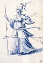 Dibujo de vestuario de una mujer con lanza